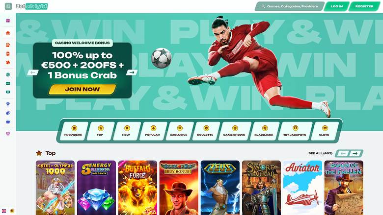 A casino homepage showing a welcome bonus banner with a football player and a row of game thumbnails under a Top section.