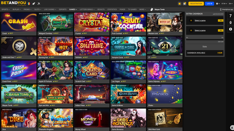 A casino lobby screen showing a grid of game tiles with a top navigation bar and a cashback sidebar.