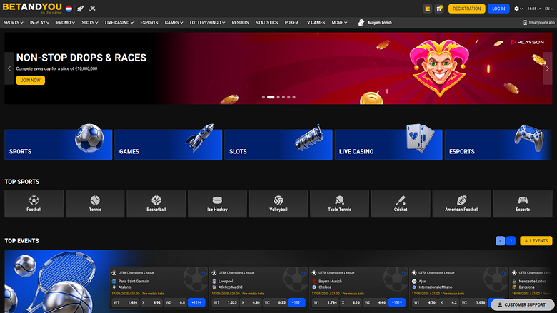 A sportsbook homepage for BetAndYou showing a promotional hero banner, sport category tiles, top sports shortcuts and a list of top events with odds.