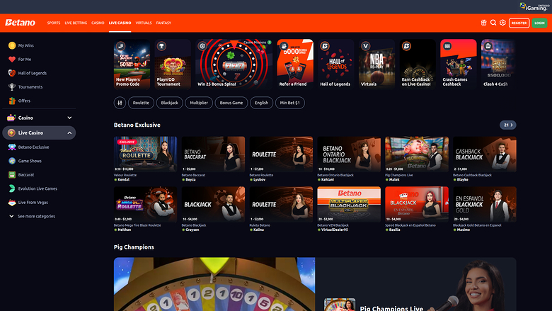 Betano Casino — Live dealer lobby