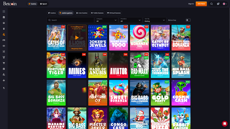 Betcoin Casino — Games lobby