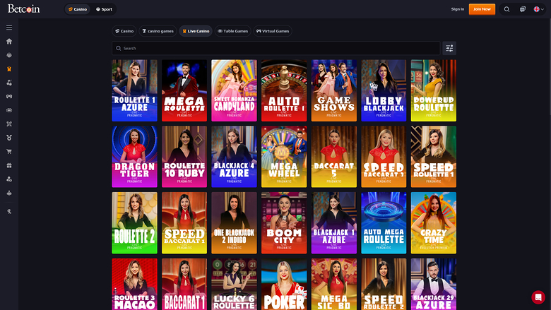 Betcoin Casino — Live dealer lobby