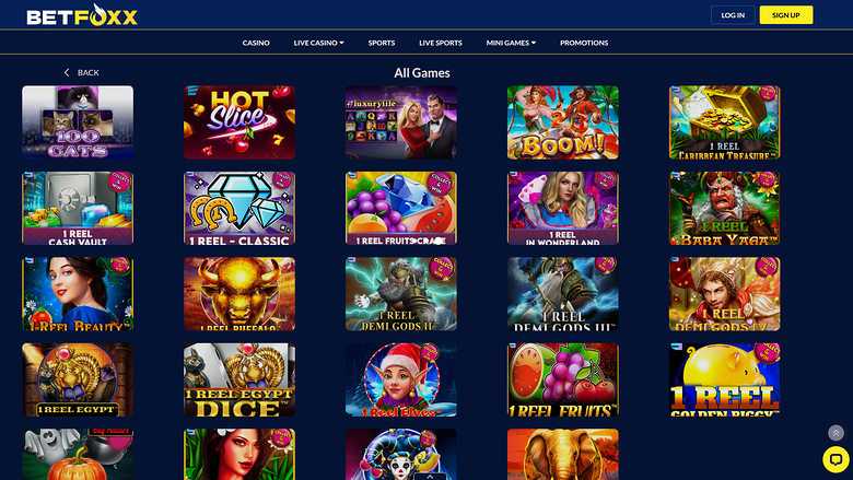 A casino lobby screen titled 'All Games' showing a grid of game tiles under a top navigation bar.
