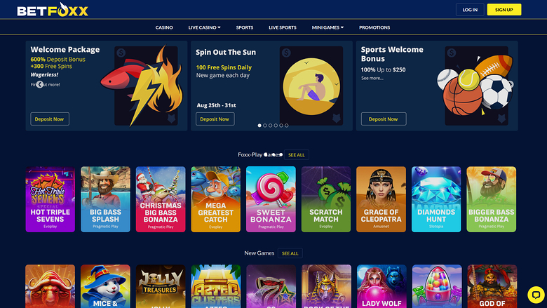 A Betfoxx online casino homepage showing three promotional banners above rows of game tiles.