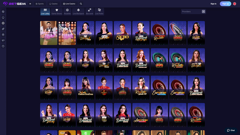 BetGem Casino — Live dealer lobby