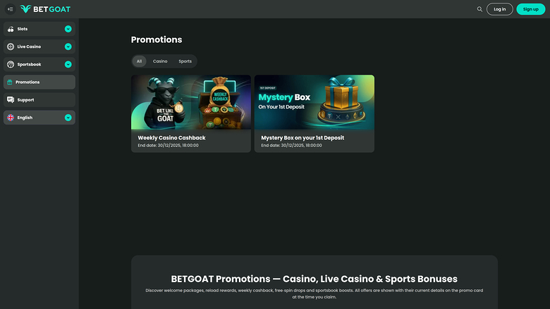 BetGoat Casino — Promotions page