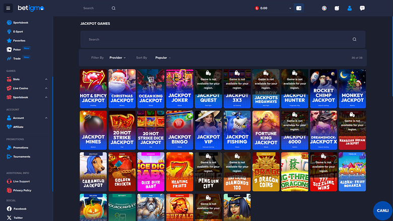Betigma Casino — Jackpot games