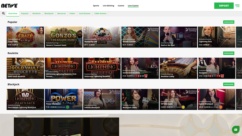 Betive Casino — Live dealer lobby