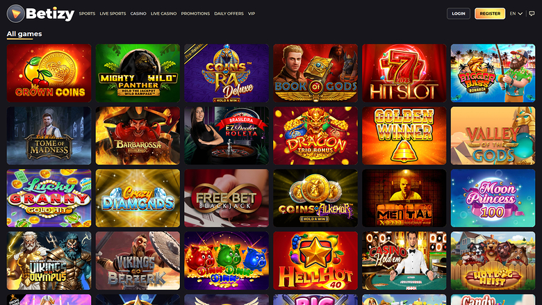 An online casino lobby page titled 'All games' showing a grid of game tiles beneath a top navigation bar.