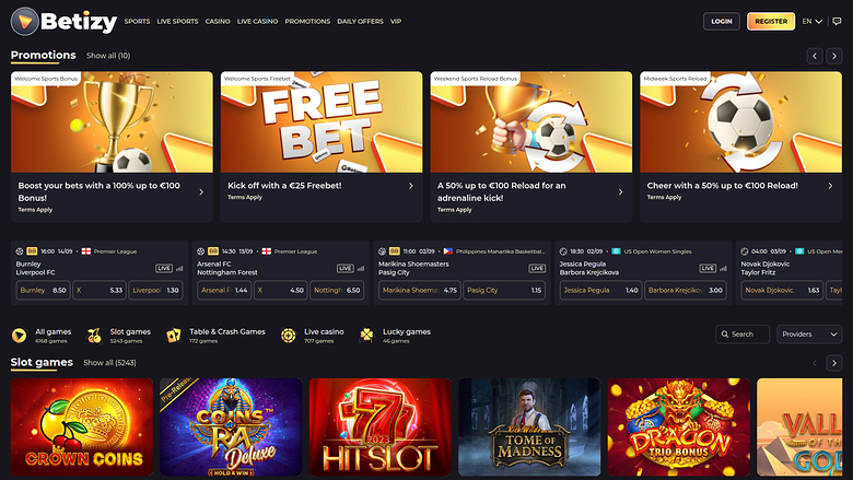 A Betizy casino promotions page showing four promotional banners, a live sports betting strip, lobby category icons and a row of slot game tiles.