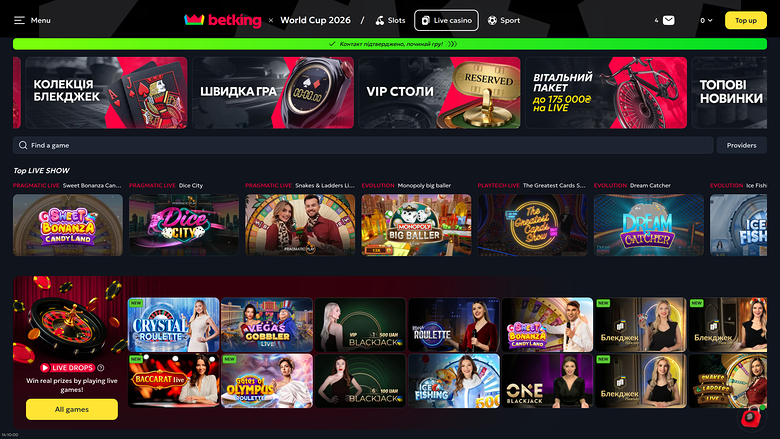 Betking Casino — Live dealer lobby