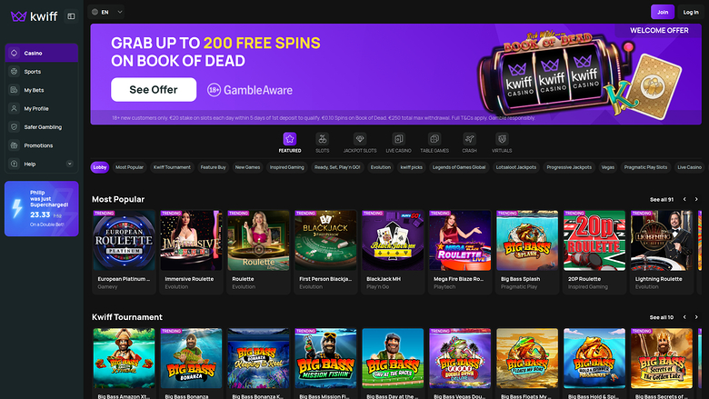 BetKwiff Casino — Homepage