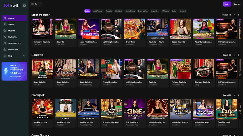 BetKwiff Casino — Live dealer lobby