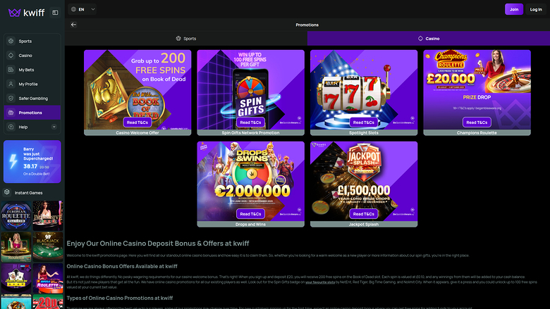 BetKwiff Casino — Promotions page