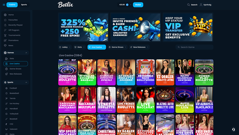 Betlix Casino — Live dealer lobby