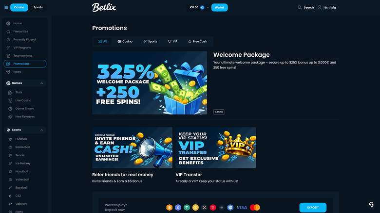 Betlix Casino — Promotions page