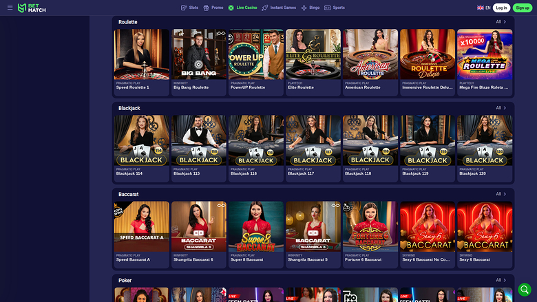 Betmatch Casino — Live dealer lobby