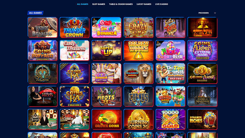 An online casino lobby screen showing a grid of game tiles under category tabs.