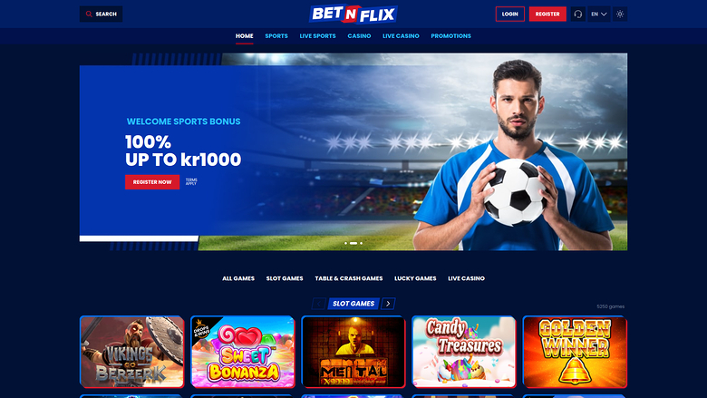 A BetNFlix online casino homepage showing a sports welcome bonus hero banner and a row of slot game tiles.