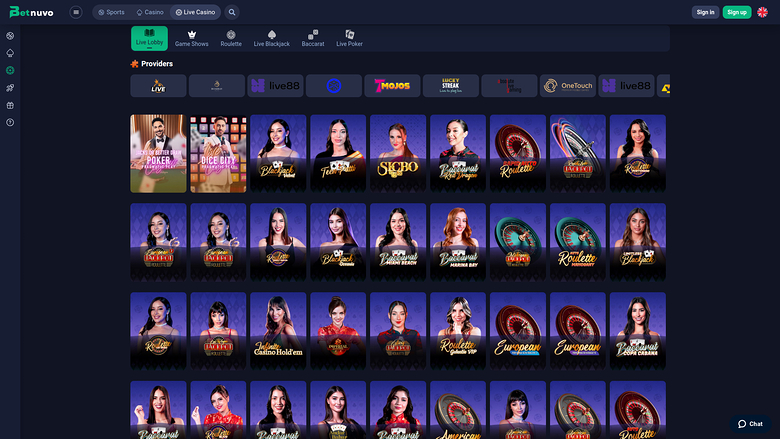 BetNuvo Casino — Live dealer lobby