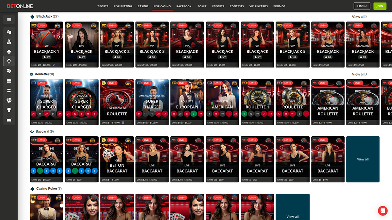 BetOnline Casino — Live dealer lobby