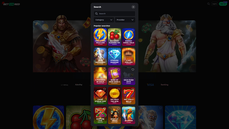 A search overlay is open over a dark casino lobby showing game tiles and two large character illustrations.