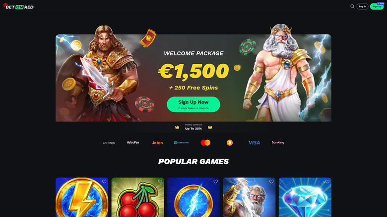 A BetOnRed casino homepage showing a welcome package hero banner, payment provider icons and a Popular Games row.