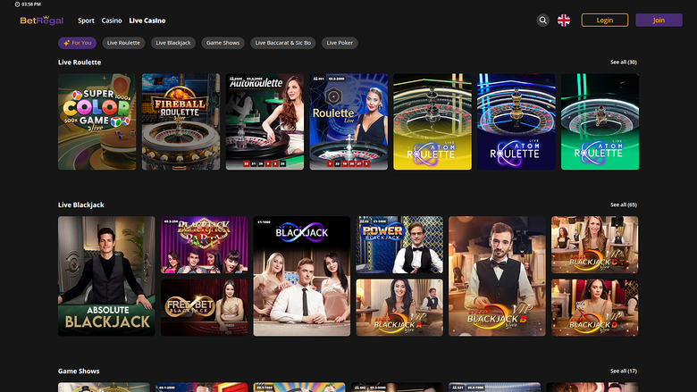 BetRegal Casino — Live dealer lobby
