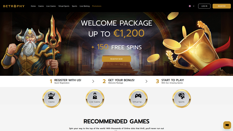A casino website homepage shows a welcome package hero banner, a three-step registration guide and a recommended games section.