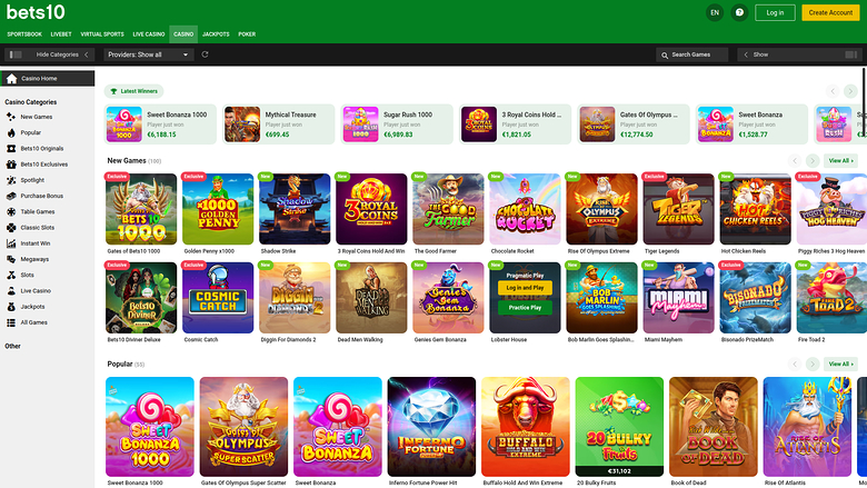 Bets10 — Games lobby