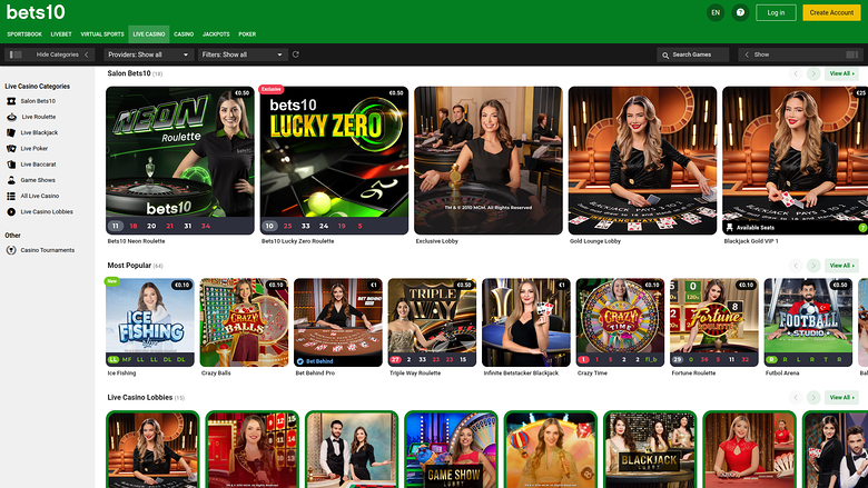 Bets10 — Live dealer lobby