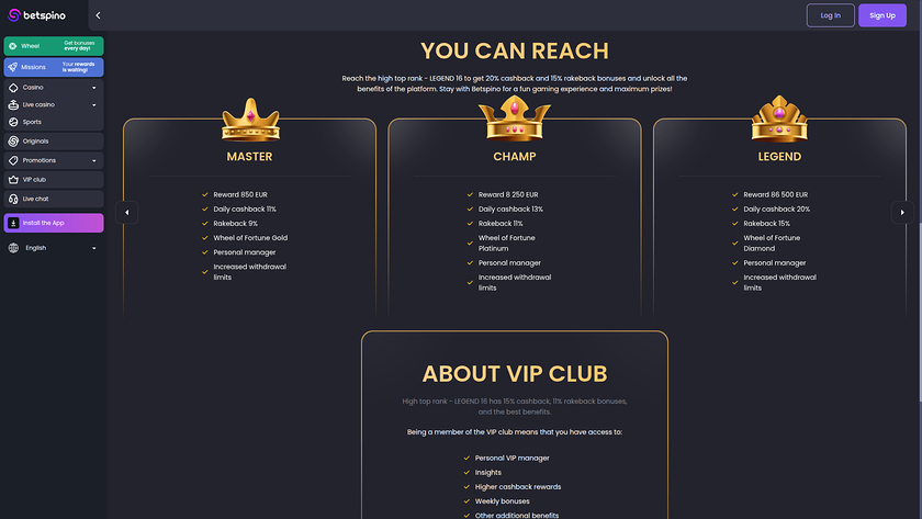 Betspino — VIP section