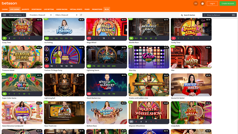 Betsson Casino — Live dealer lobby