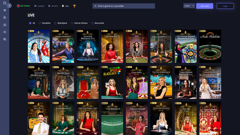 BetStorm Casino — Live dealer lobby