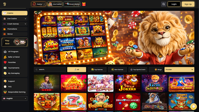 An online casino lobby screen showing a lion mascot hero banner above a grid of game tiles, with a left sidebar menu and top navigation bar.