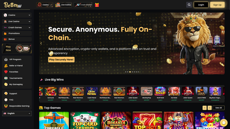 A dark-themed online casino lobby for 'Betlewo' showing a promotional hero banner, a Live Big Wins strip and a Top Games grid.