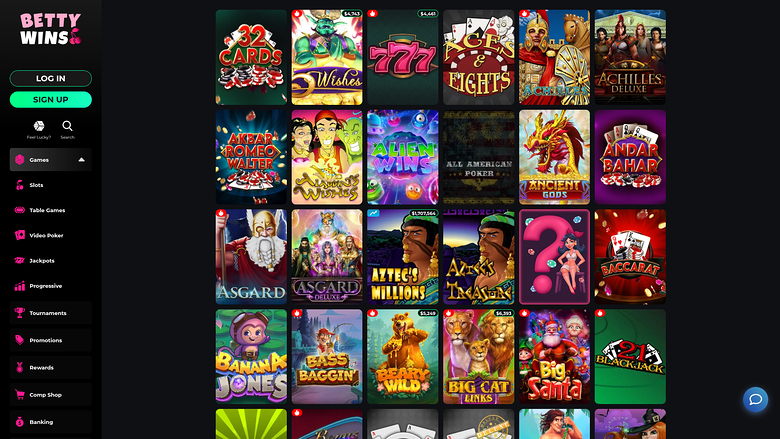 An online casino lobby screen for Betty Wins showing a grid of game tiles beside a left sidebar menu.