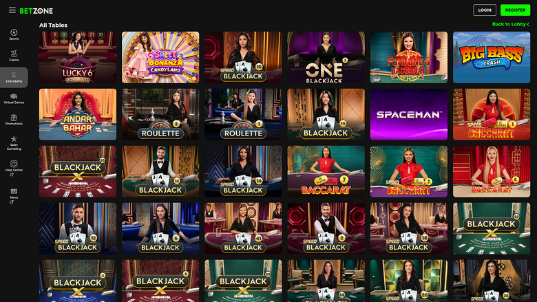 Betzone Casino — Live dealer lobby
