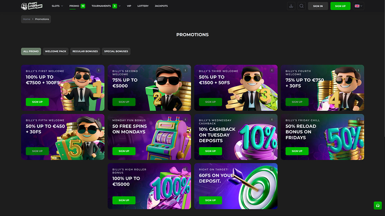 Billy Billion Casino — Promotions page