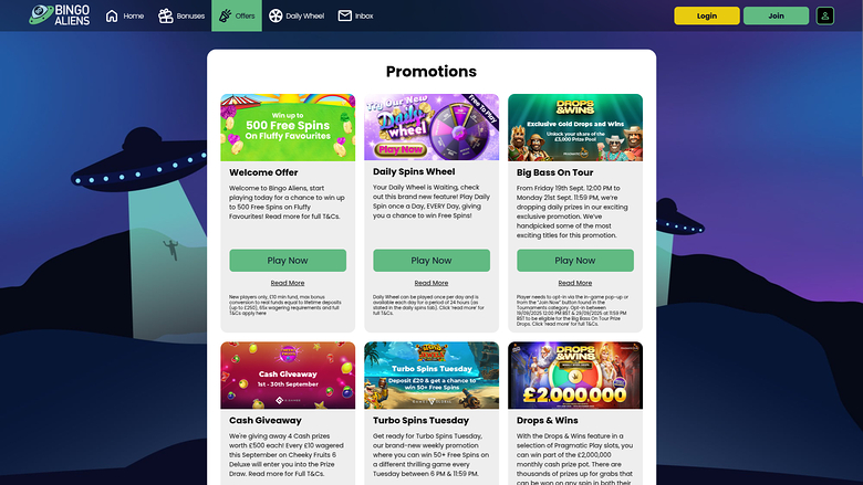 Bingo Aliens — Promotions page
