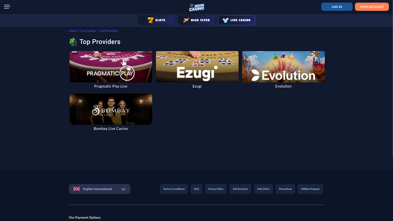 Bison Casino — Live dealer lobby