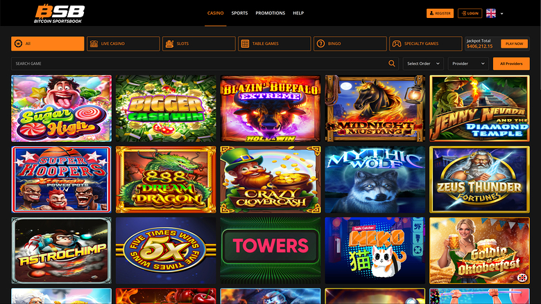 A desktop online casino lobby page showing a grid of game tiles beneath a top navigation bar and category tabs.