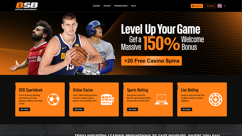 A BSB Bitcoin Sportsbook homepage shows a welcome bonus hero banner above four orange category cards.