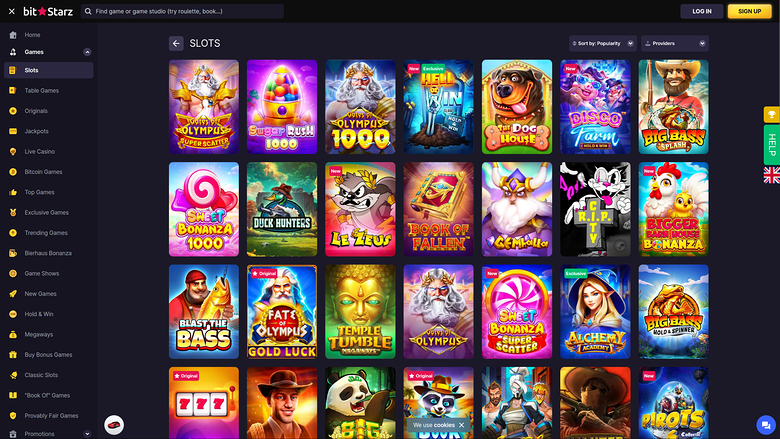 A BitStarz online casino slots lobby screen showing a grid of game tiles with a left sidebar menu and top search bar.