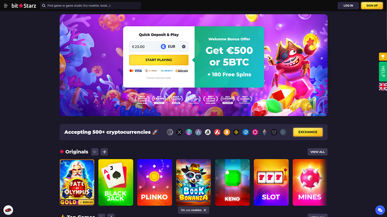 A BitStarz casino homepage showing a welcome bonus hero banner, a crypto payment strip and a row of game tiles.