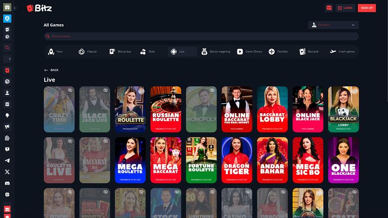 Bitz.io Casino — Live dealer lobby