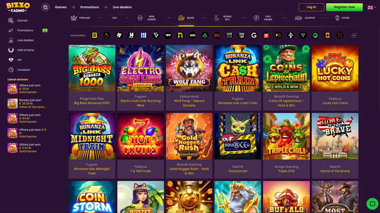A casino lobby screen showing a grid of game tiles under category tabs, with a left sidebar and a recent-wins feed.