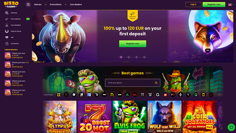 An online casino lobby homepage showing a deposit bonus hero banner, a game search area and a row of game tiles.