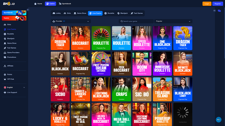 BK8.io Casino — Live dealer lobby