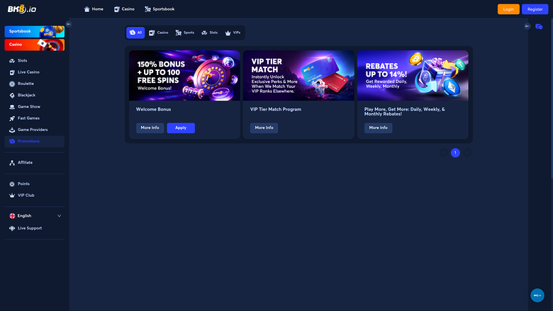 BK8.io Casino — Promotions page
